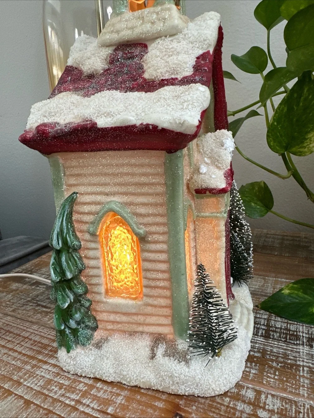Vintage Ceramic Lighted Christmas Church Building Red Roof with Snow Trees